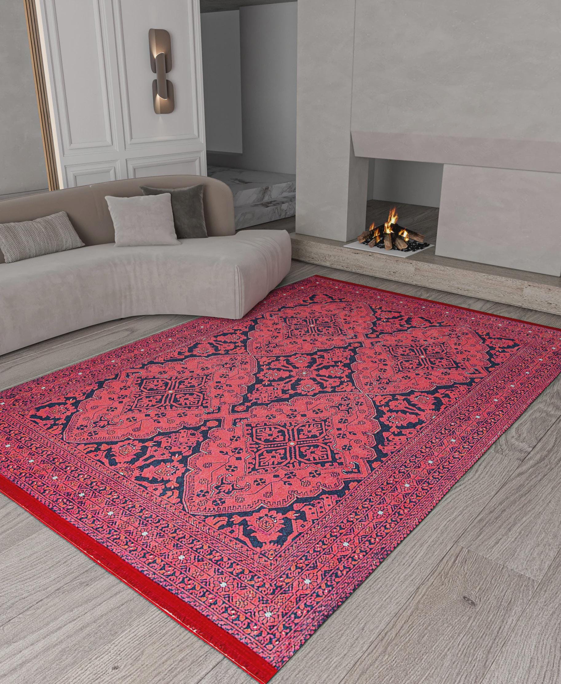 Vintage Red oriental Afghan Rug: Washable Red Carpet with Tassels