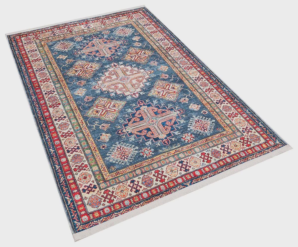 Blue Oriental Kazak Rug: Vintage Washable Rug with Tassels