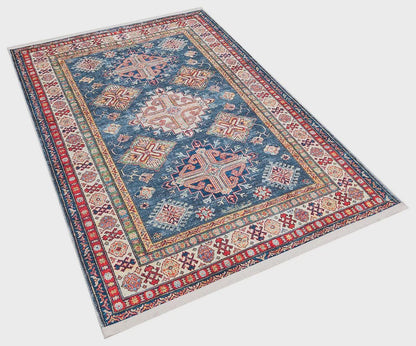Blue Oriental Kazak Rug: Vintage Washable Rug with Tassels