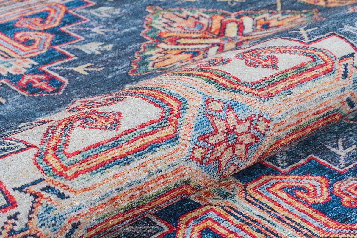 Blue Oriental Kazak Rug: Vintage Washable Rug with Tassels