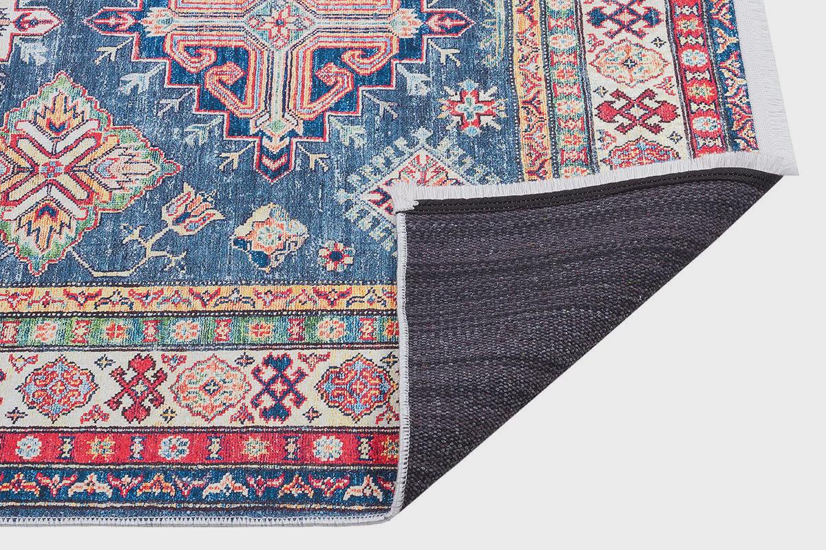 Blue Oriental Kazak Rug: Vintage Washable Rug with Tassels
