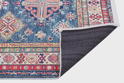 Blue Oriental Kazak Rug: Vintage Washable Rug with Tassels