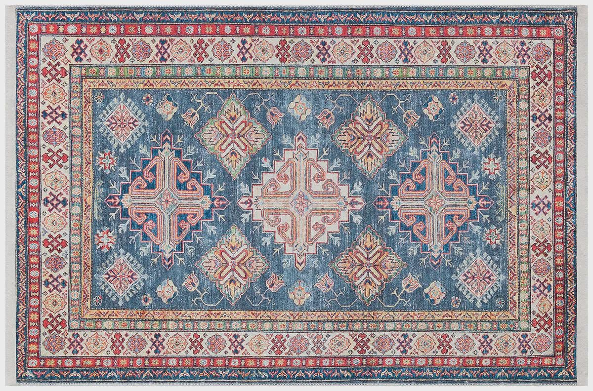 Blue Oriental Kazak Rug: Vintage Washable Rug with Tassels