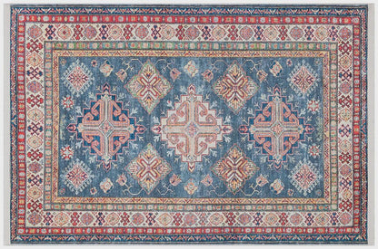 Blue Oriental Kazak Rug: Vintage Washable Rug with Tassels