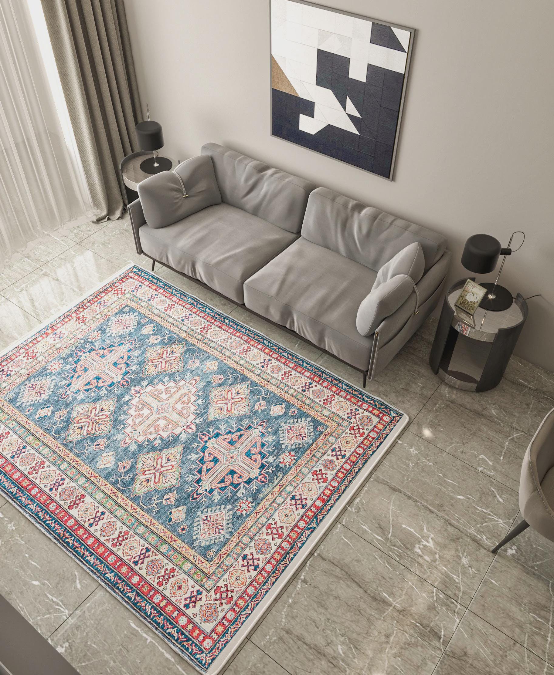 Blue Oriental Kazak Rug: Vintage Washable Rug with Tassels