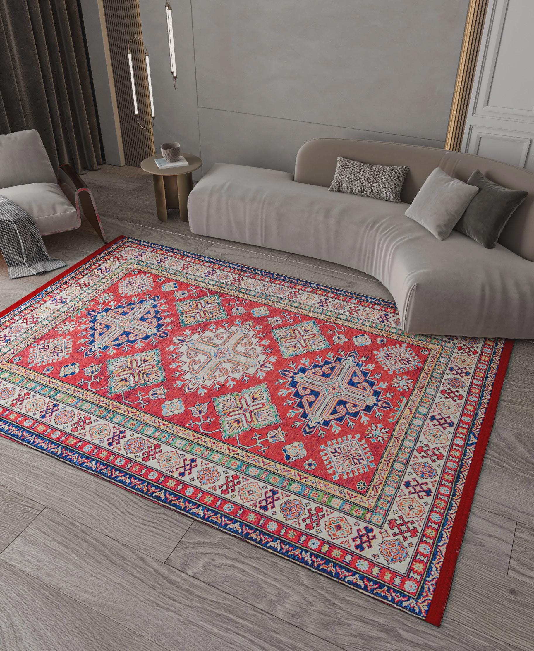 Vintage Red Oriental Kazak Rug: Washable Living Room Carpet