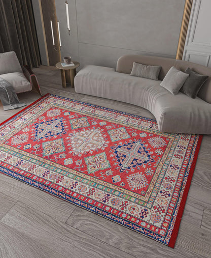 Vintage Red Oriental Kazak Rug: Washable Living Room Carpet