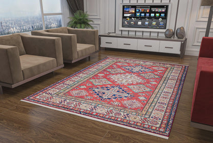 Vintage Red Oriental Kazak Rug: Washable Living Room Carpet