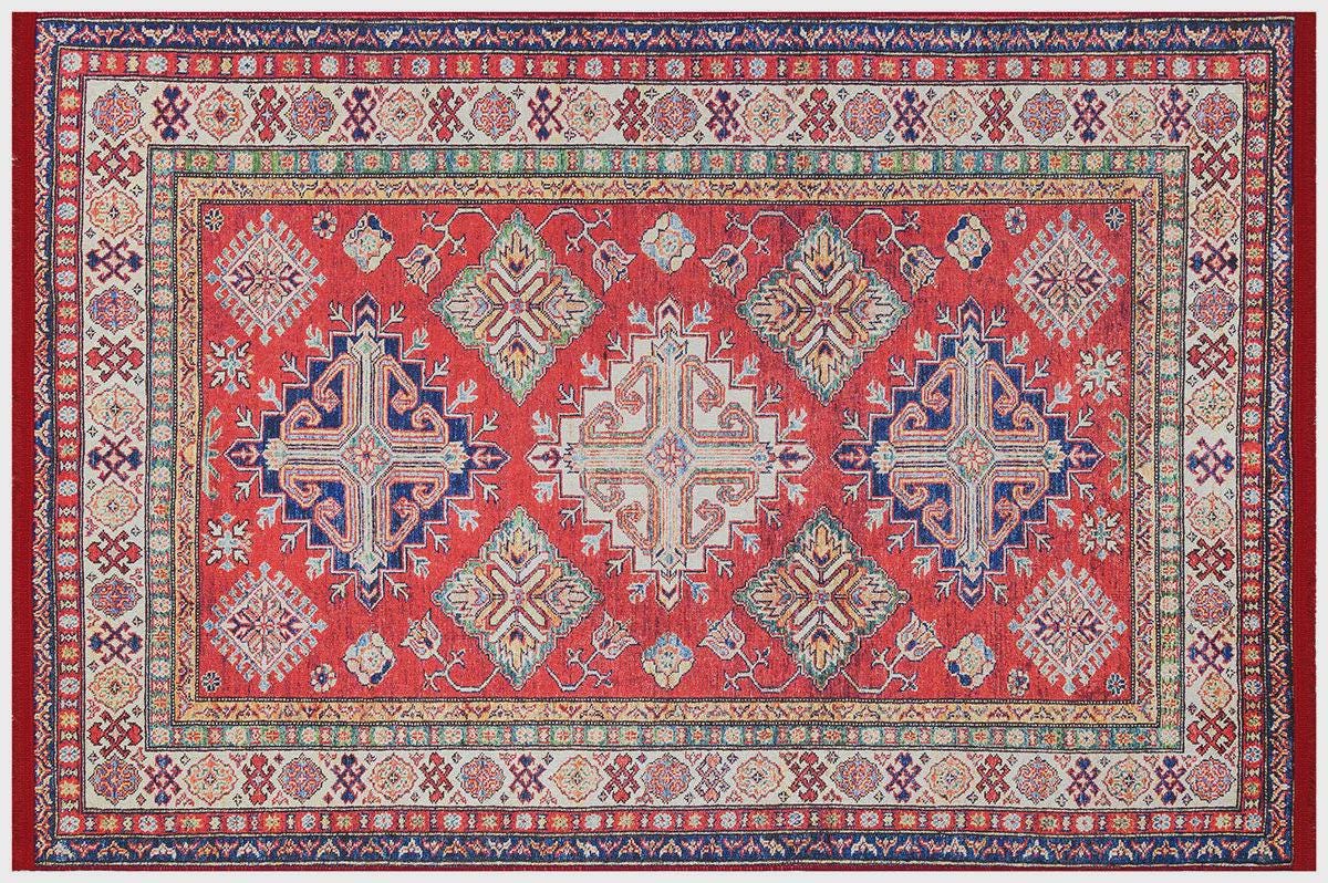 Vintage Red Oriental Kazak Rug: Washable Living Room Carpet