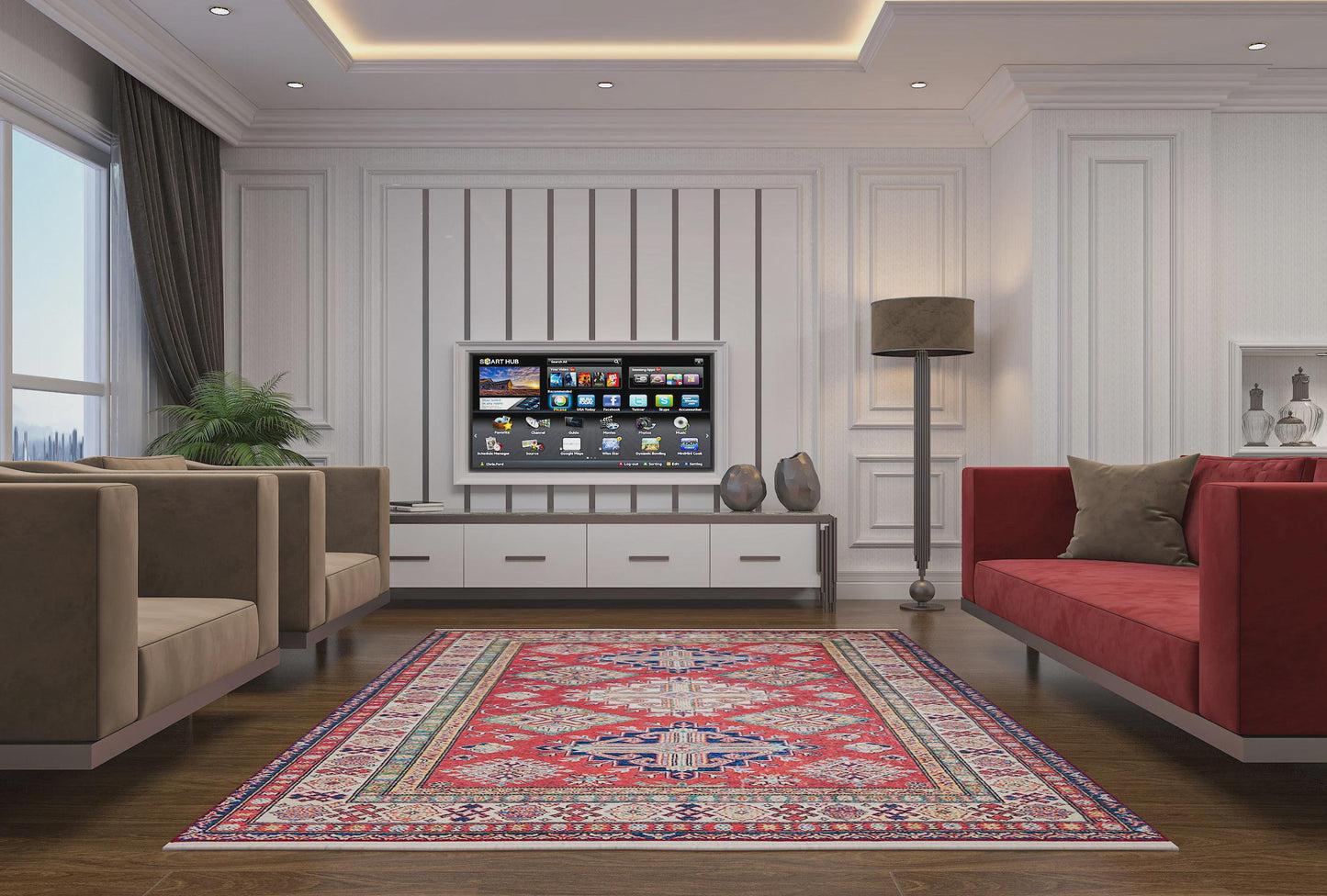 Vintage Red Oriental Kazak Rug: Washable Living Room Carpet