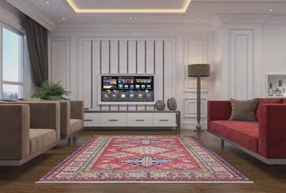Vintage Red Oriental Kazak Rug: Washable Living Room Carpet