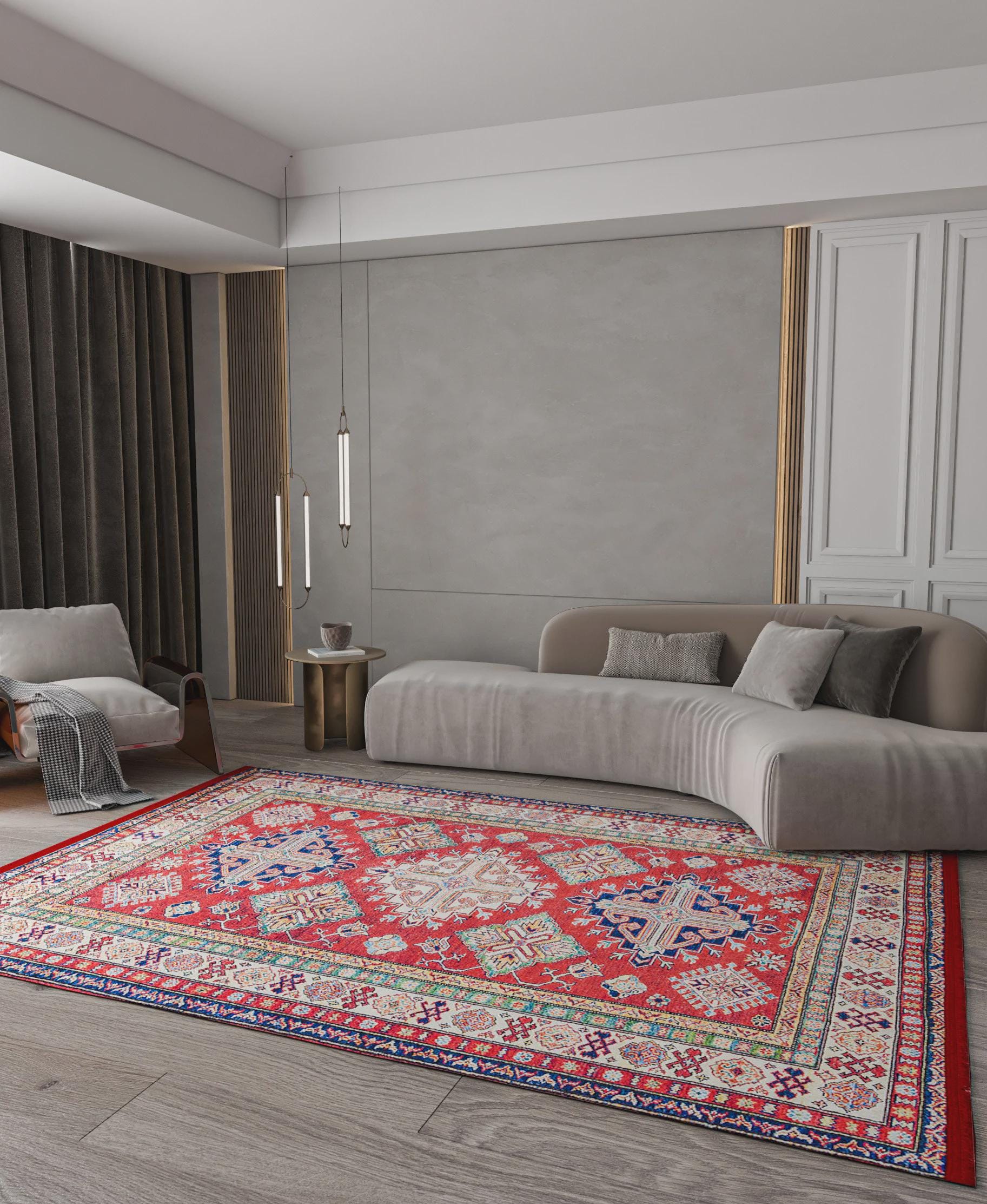 Vintage Red Oriental Kazak Rug: Washable Living Room Carpet