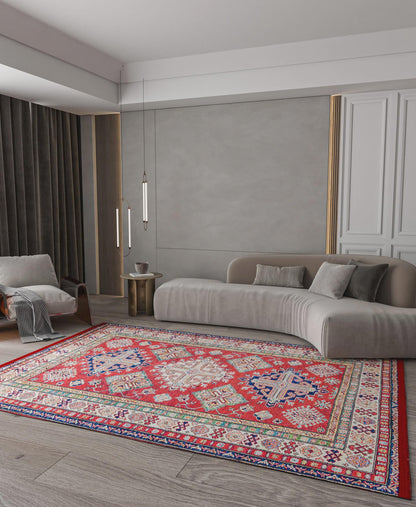 Vintage Red Oriental Kazak Rug: Washable Living Room Carpet