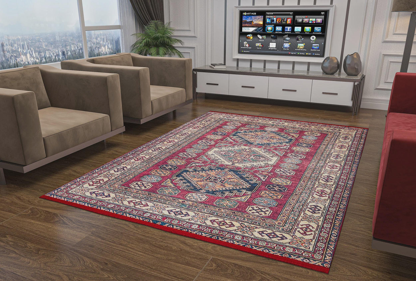Vintage Red Oriental Kazak Rug: Washable Living Room Carpet