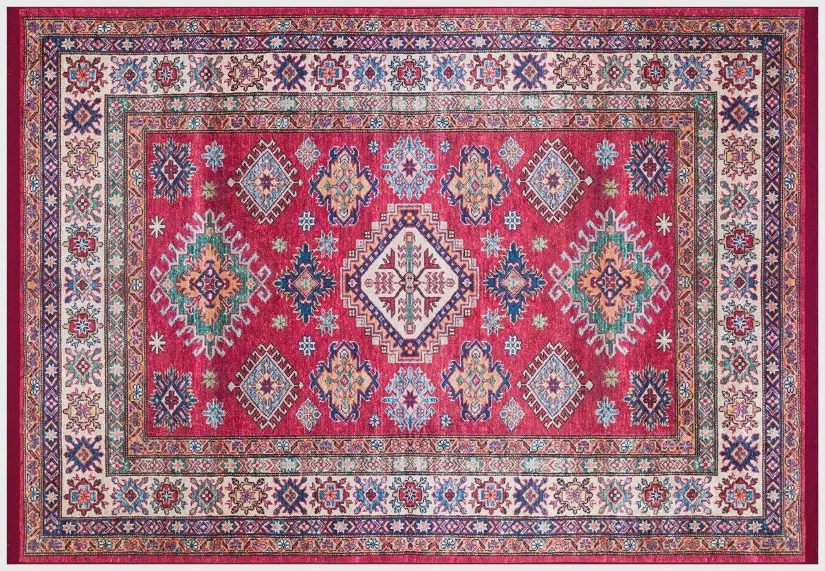 Red Oriental Kazak Rug: Classic Vintage Washable Carpet