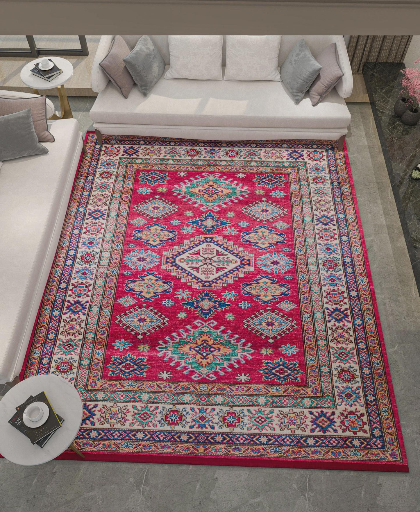 Red Oriental Kazak Rug: Classic Vintage Washable Carpet