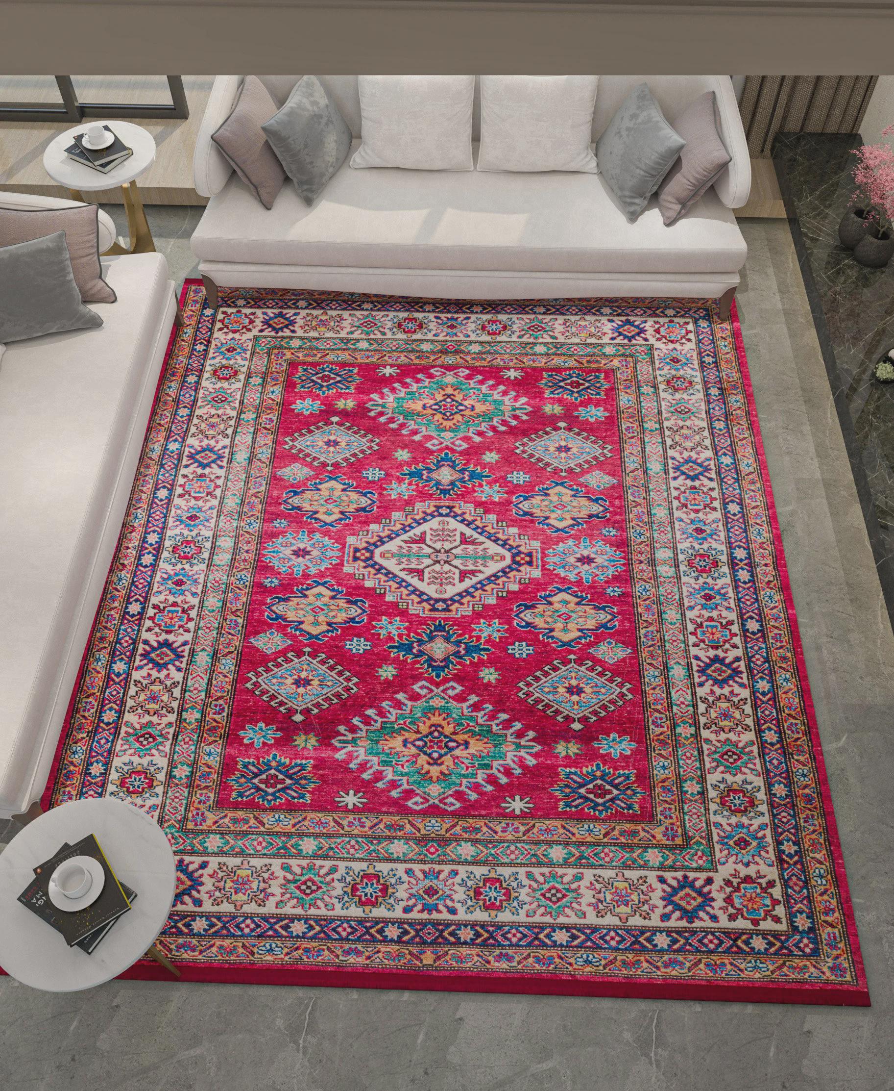 Red Oriental Kazak Rug: Classic Vintage Washable Carpet