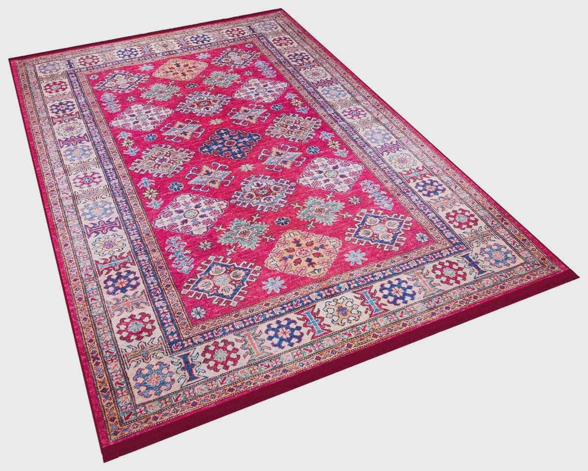 Red Oriental Kazak Rug: Classic Vintage Washable Carpet with Tassels