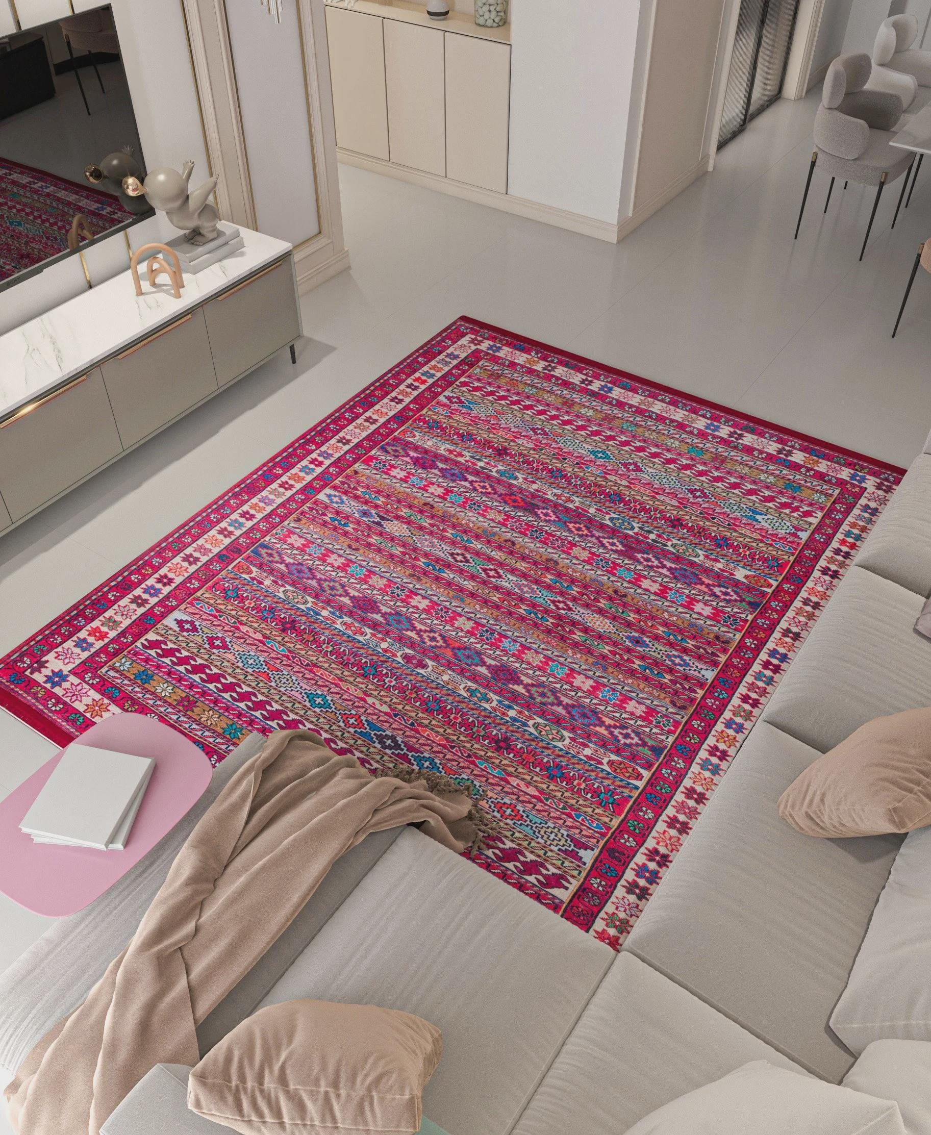 Red Oriental Kazak Rug: Vintage Washable Carpet with Tassels