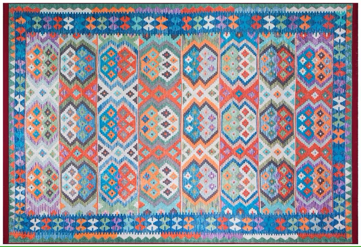 Vintage Kilim Design Rug: Washable Blue Living Room Rug