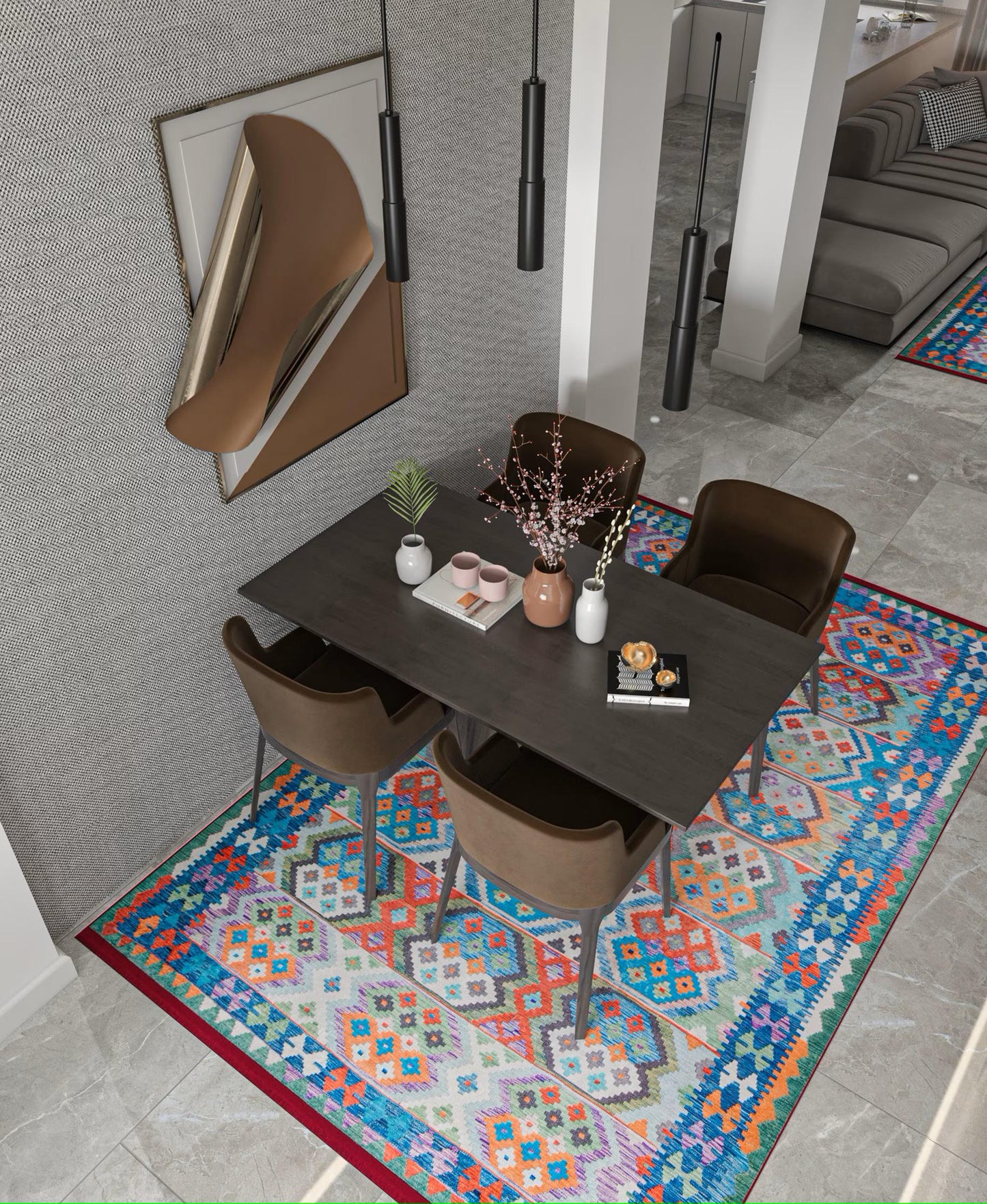 Vintage Kilim Design Rug: Washable Blue Living Room Rug