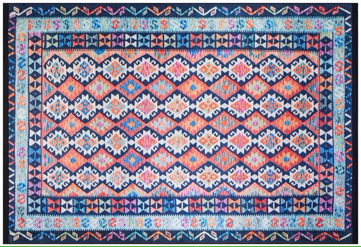 Vintage Kilim Design Rug: Washable Blue Living Room Rug