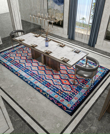 Vintage Kilim Design Rug: Washable Blue Living Room Rug