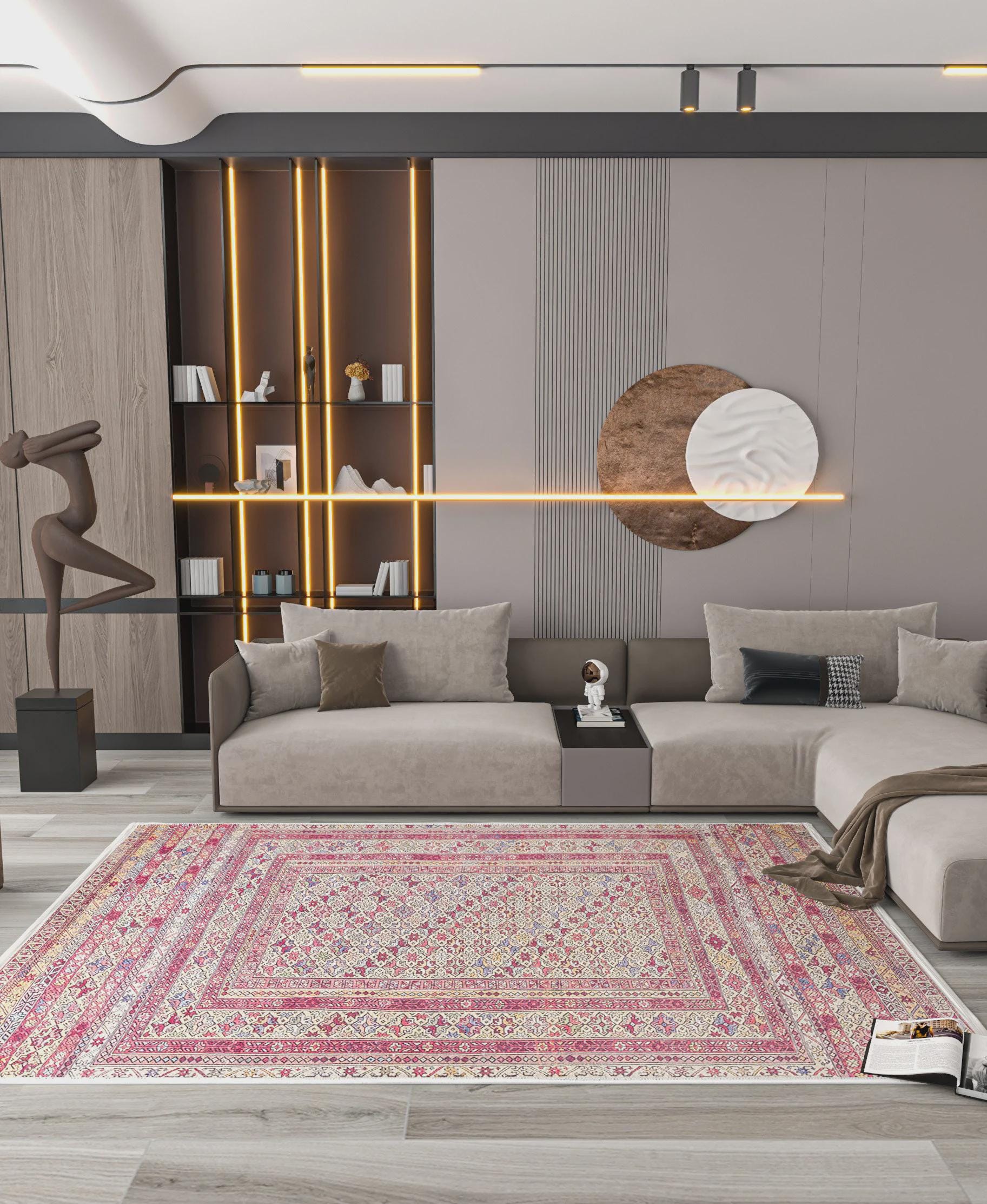 Vintage Afghan Rug: Washable Beige Living Room Carpet