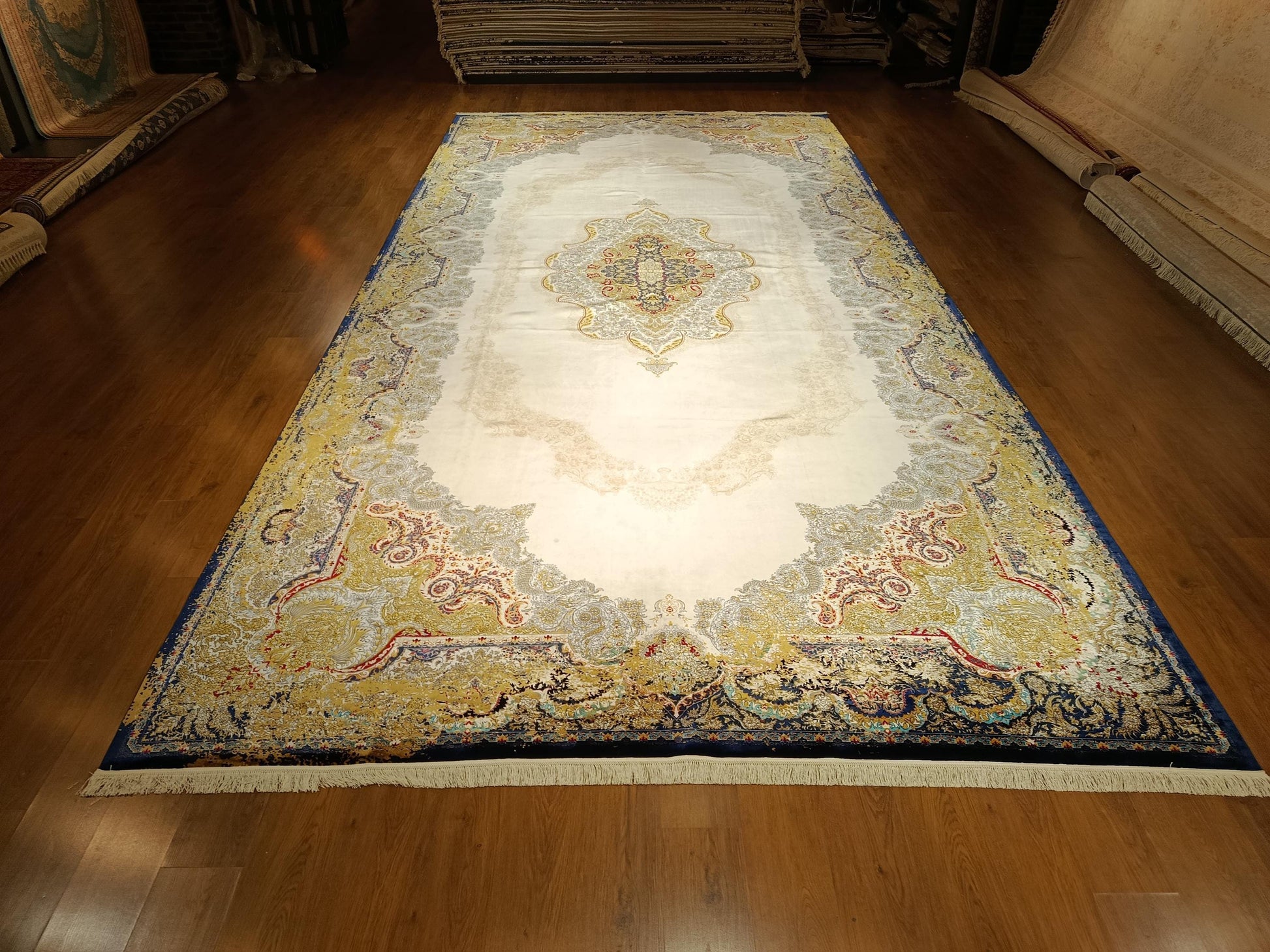 10x20 ft, Blue Medallion Silk Rug, Viscose Anatolian Carpet