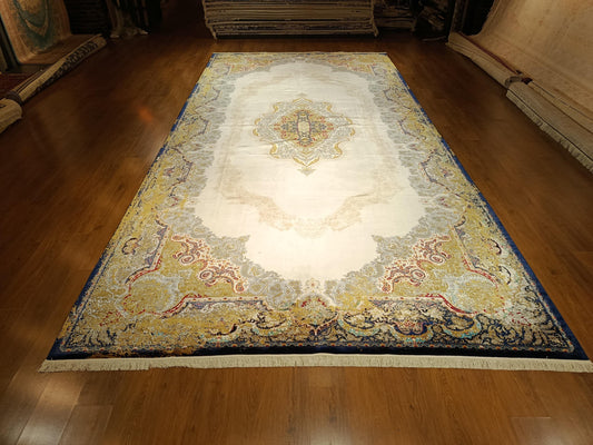 10x20 ft, Blue Medallion Silk Rug, Viscose Anatolian Carpet