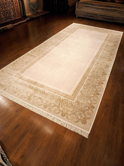 9x19 ft , Oversize Beige Classic Silk Rug with paisley desing on the border, fine fringes