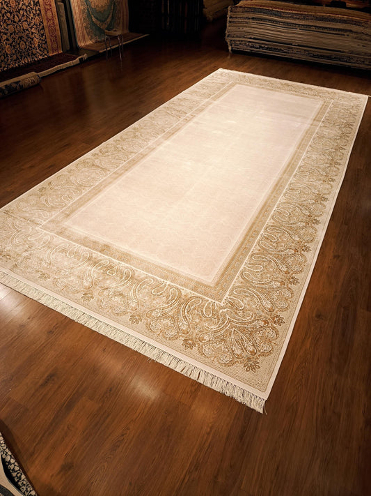 9x19 ft , Oversize Beige Classic Silk Rug with paisley desing on the border, fine fringes