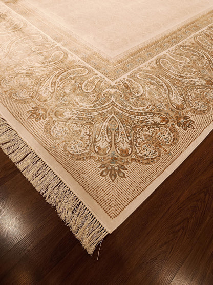 9x19 ft , Oversize Beige Classic Silk Rug with paisley desing on the border, fine fringes