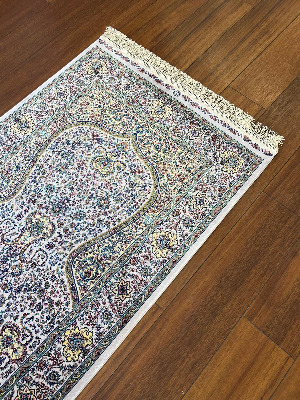 Bamboo Prayer Rug with Silk Fringes: Soft Seccade Carpet