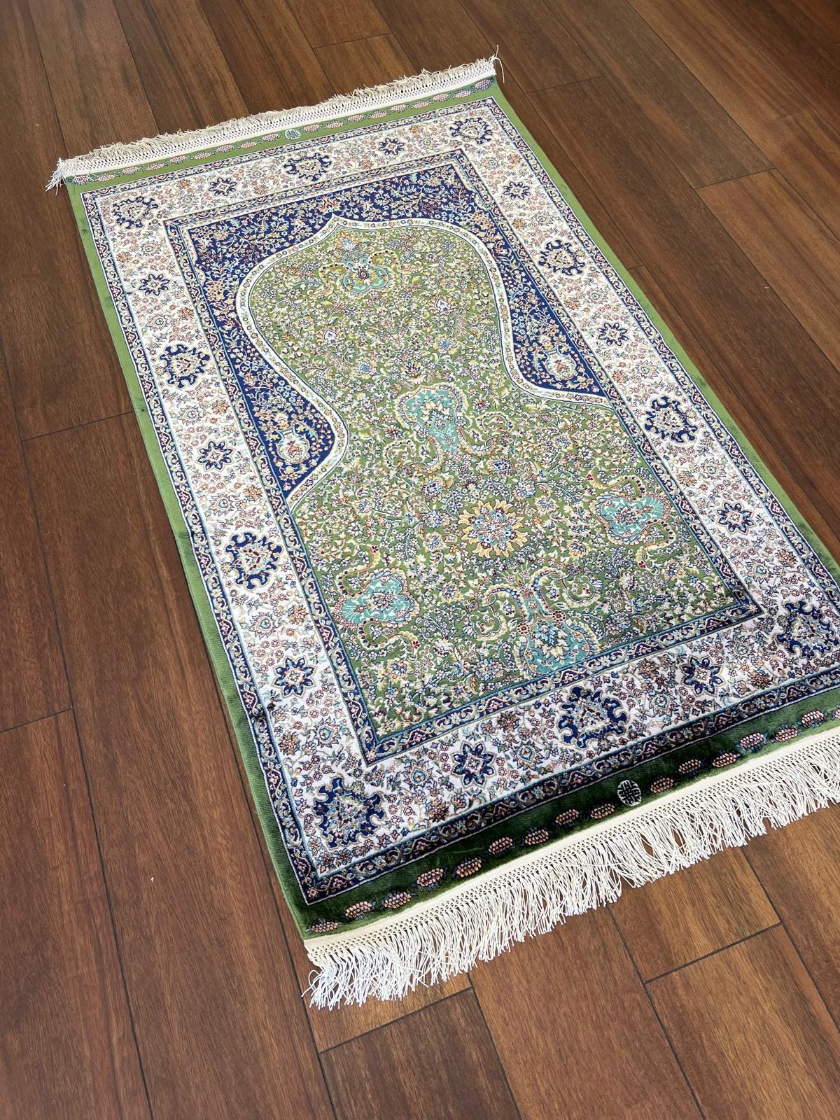 Bamboo Prayer Rug with Silk Fringes: Soft Seccade Carpet
