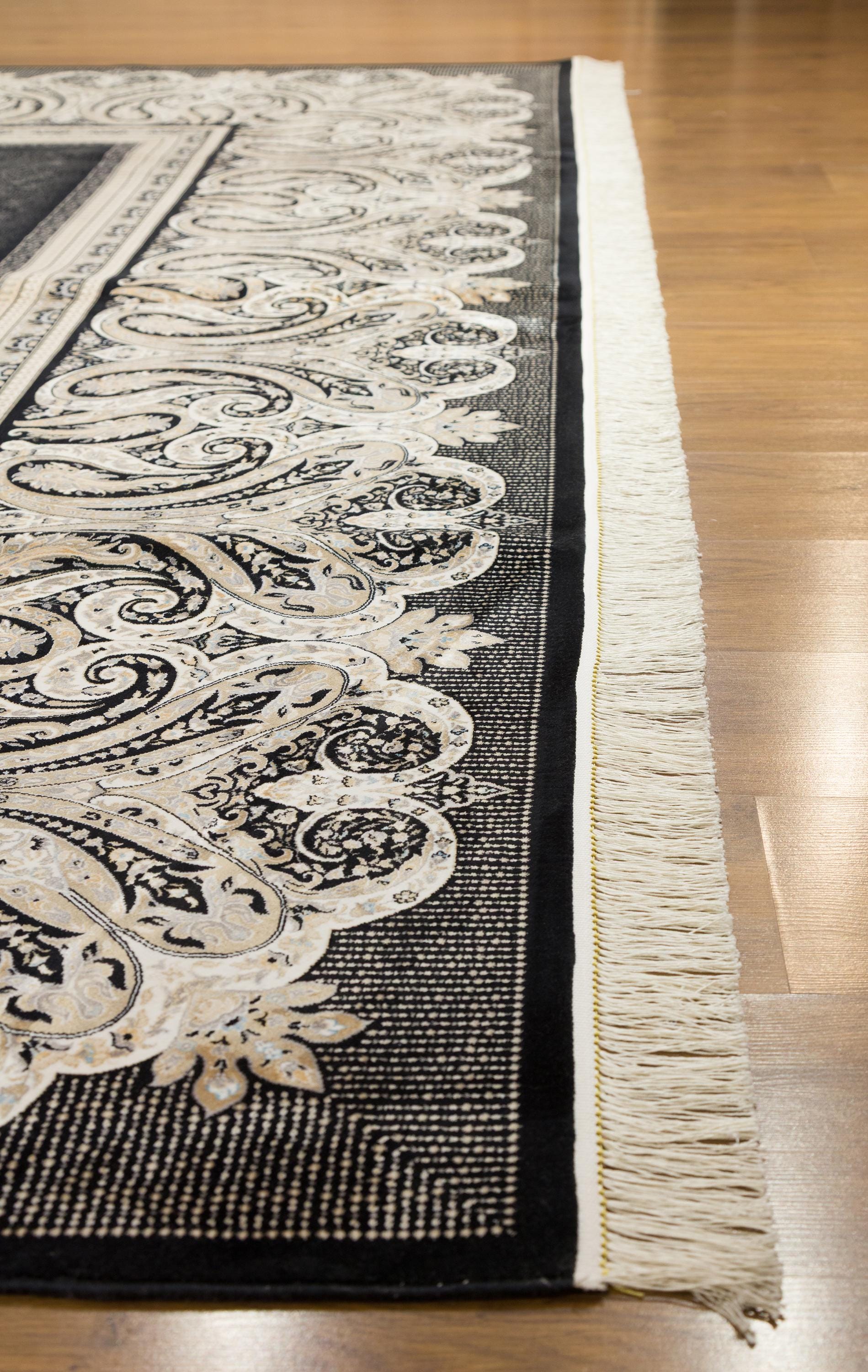 10x13 ft, Black Classic Silk Rug with paisley desing on the border, fine fringes