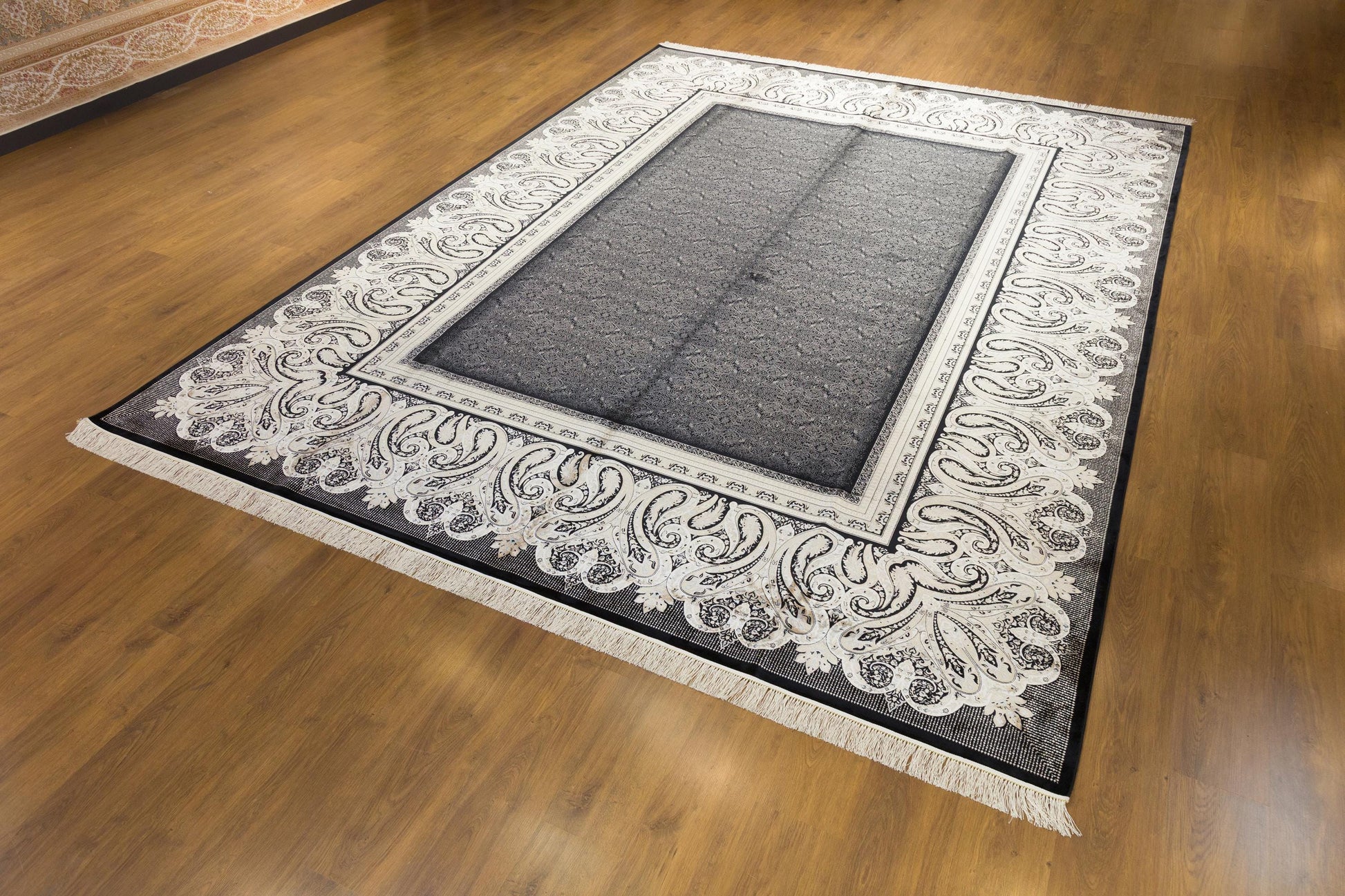 10x13 ft, Black Classic Silk Rug with paisley desing on the border, fine fringes