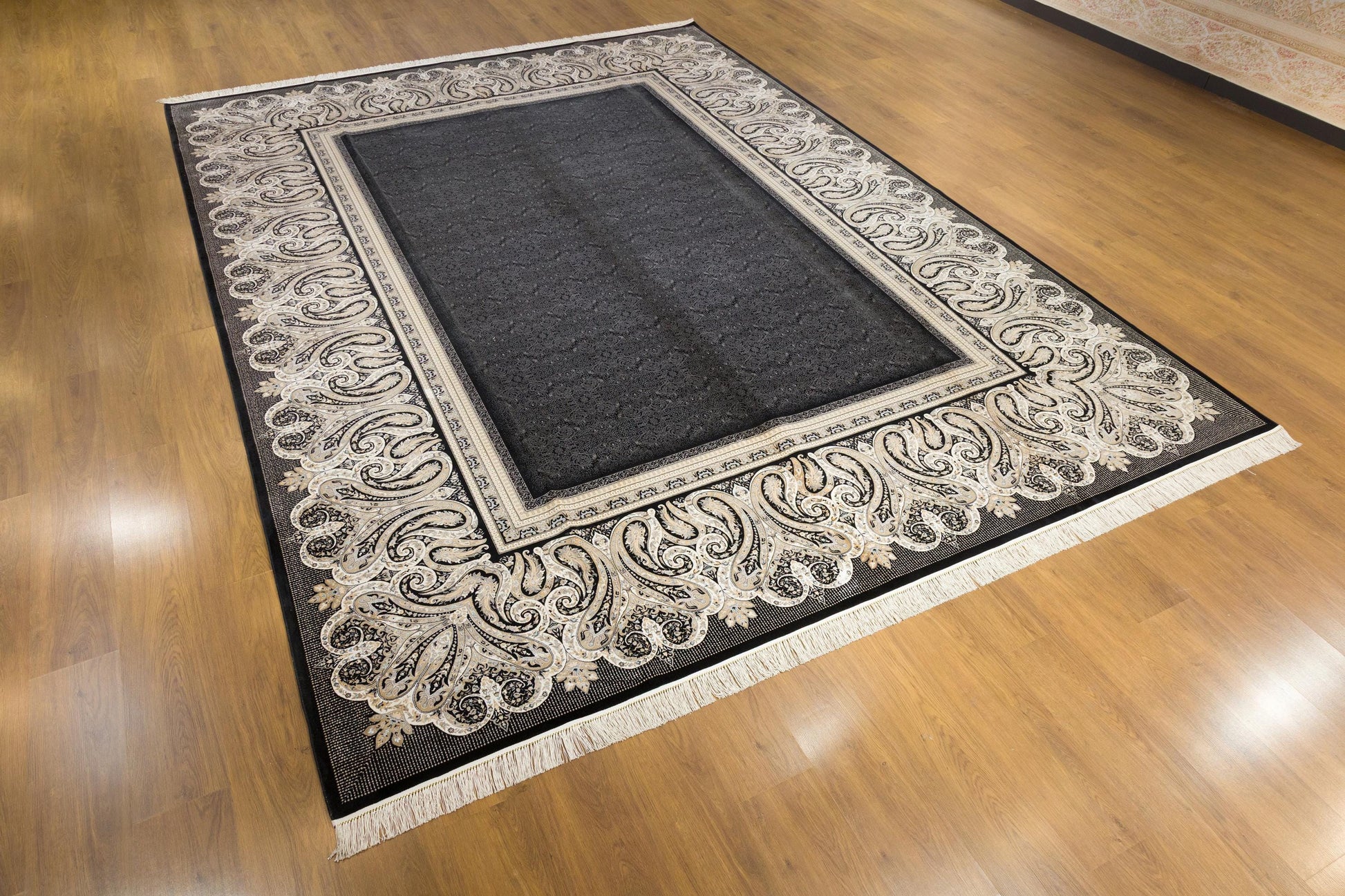 10x13 ft, Black Classic Silk Rug with paisley desing on the border, fine fringes