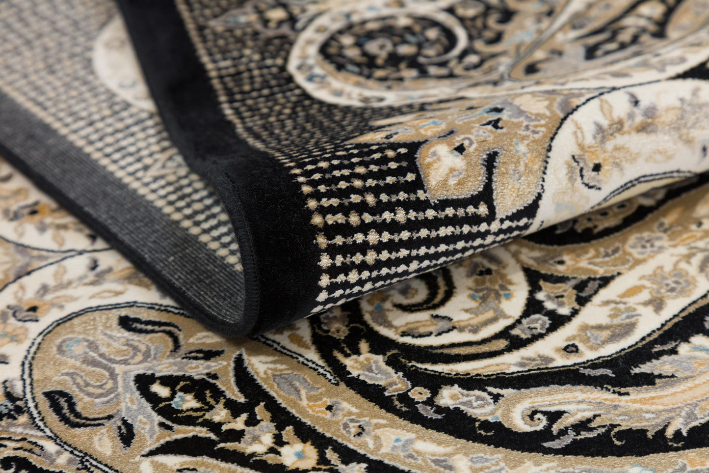 10x13 ft, Black Classic Silk Rug with paisley desing on the border, fine fringes