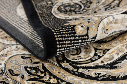 10x13 ft, Black Classic Silk Rug with paisley desing on the border, fine fringes