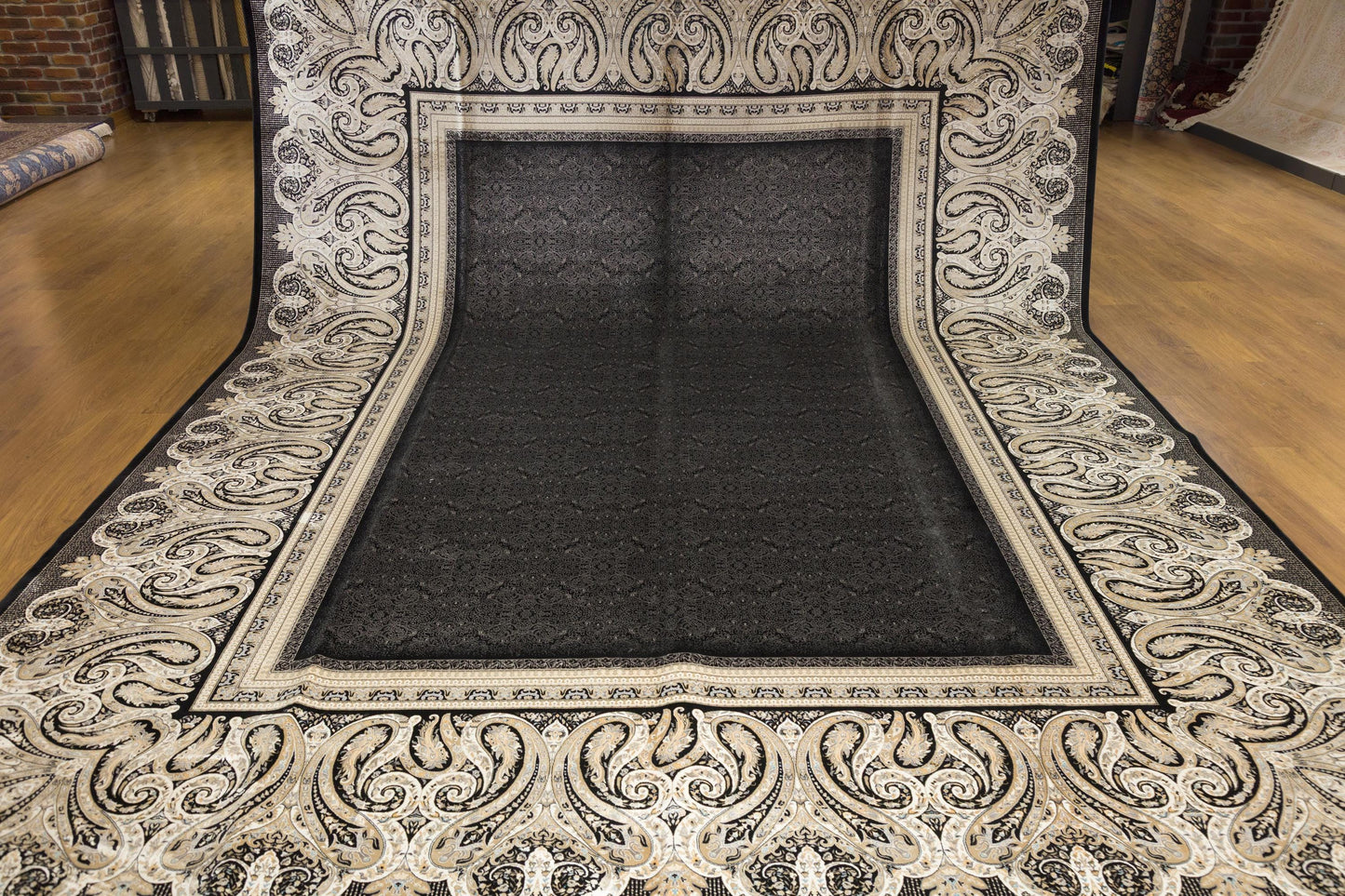 10x13 ft, Black Classic Silk Rug with paisley desing on the border, fine fringes