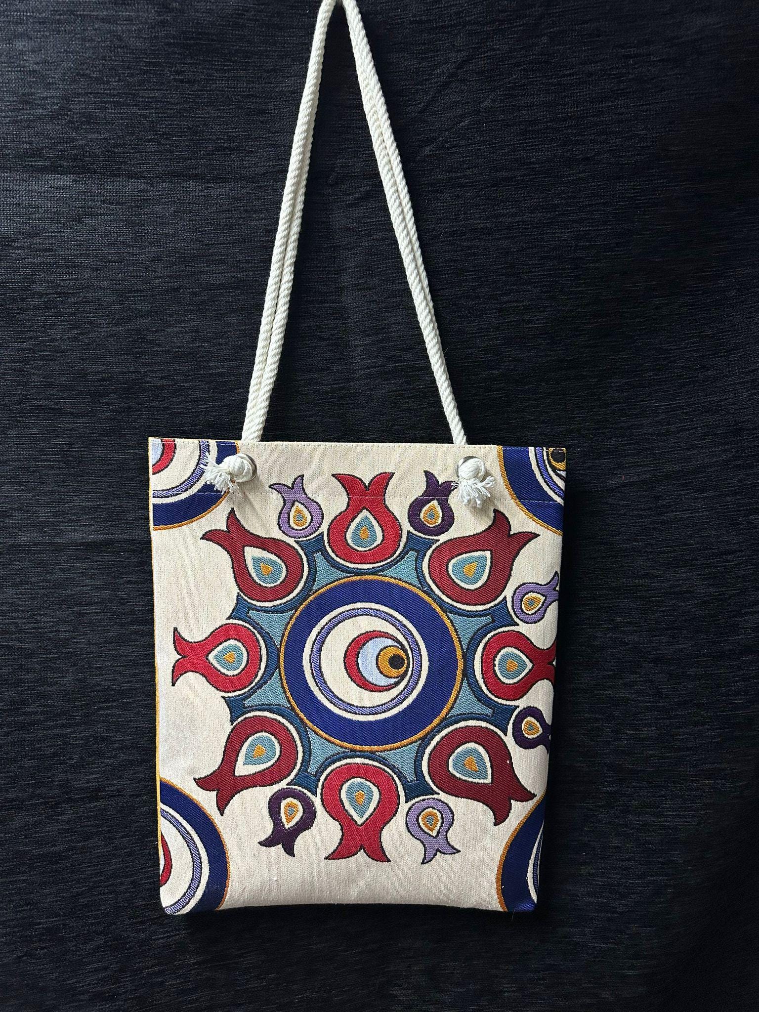 Turkish Evil Eye Tote Bag – Anatolian Motif Gobelin Purse – Tapestry Fabric Shoulder Bag