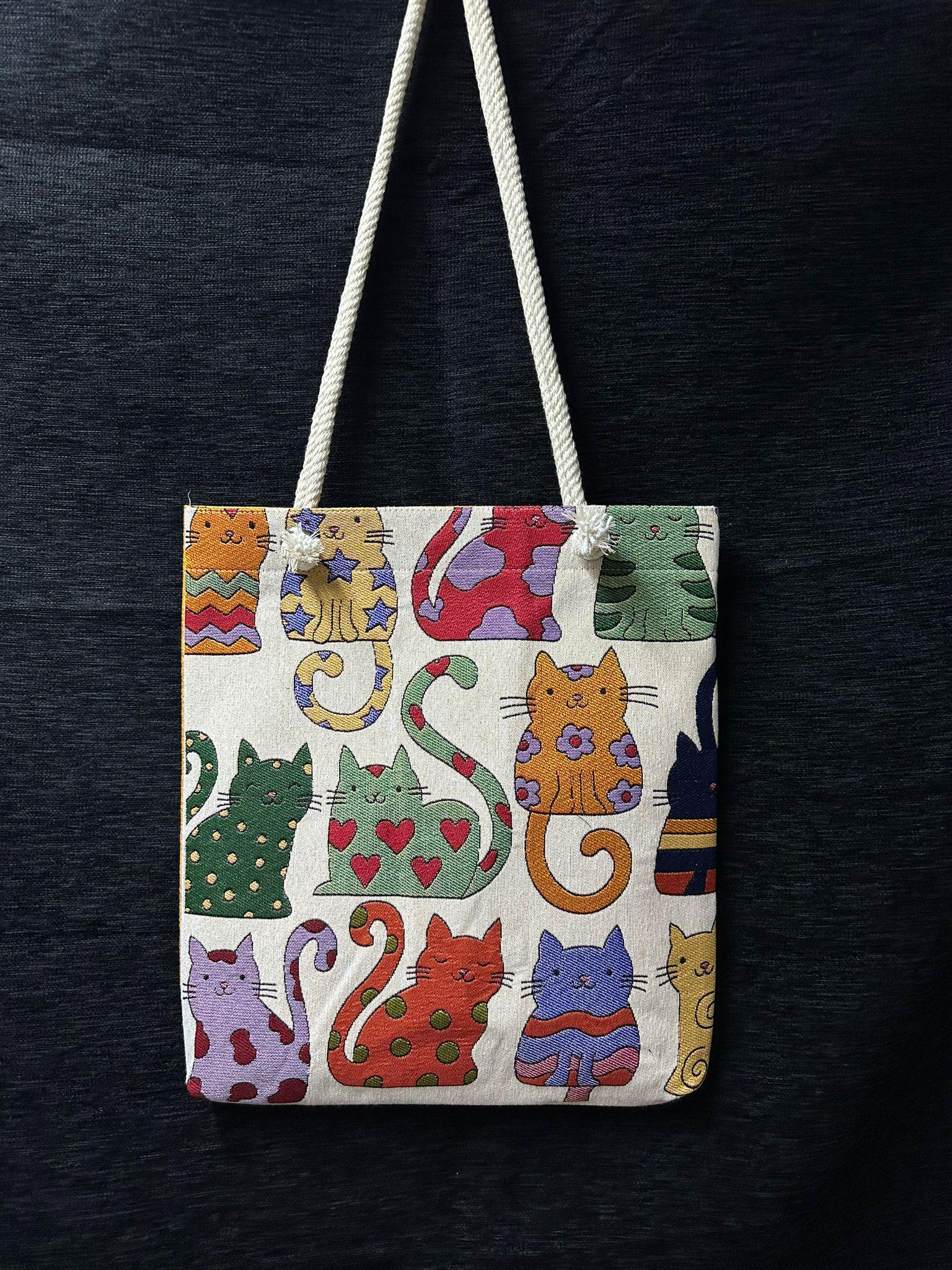 Handmade Cat Print Shoulder Bag: Organic Cotton Blend Tote