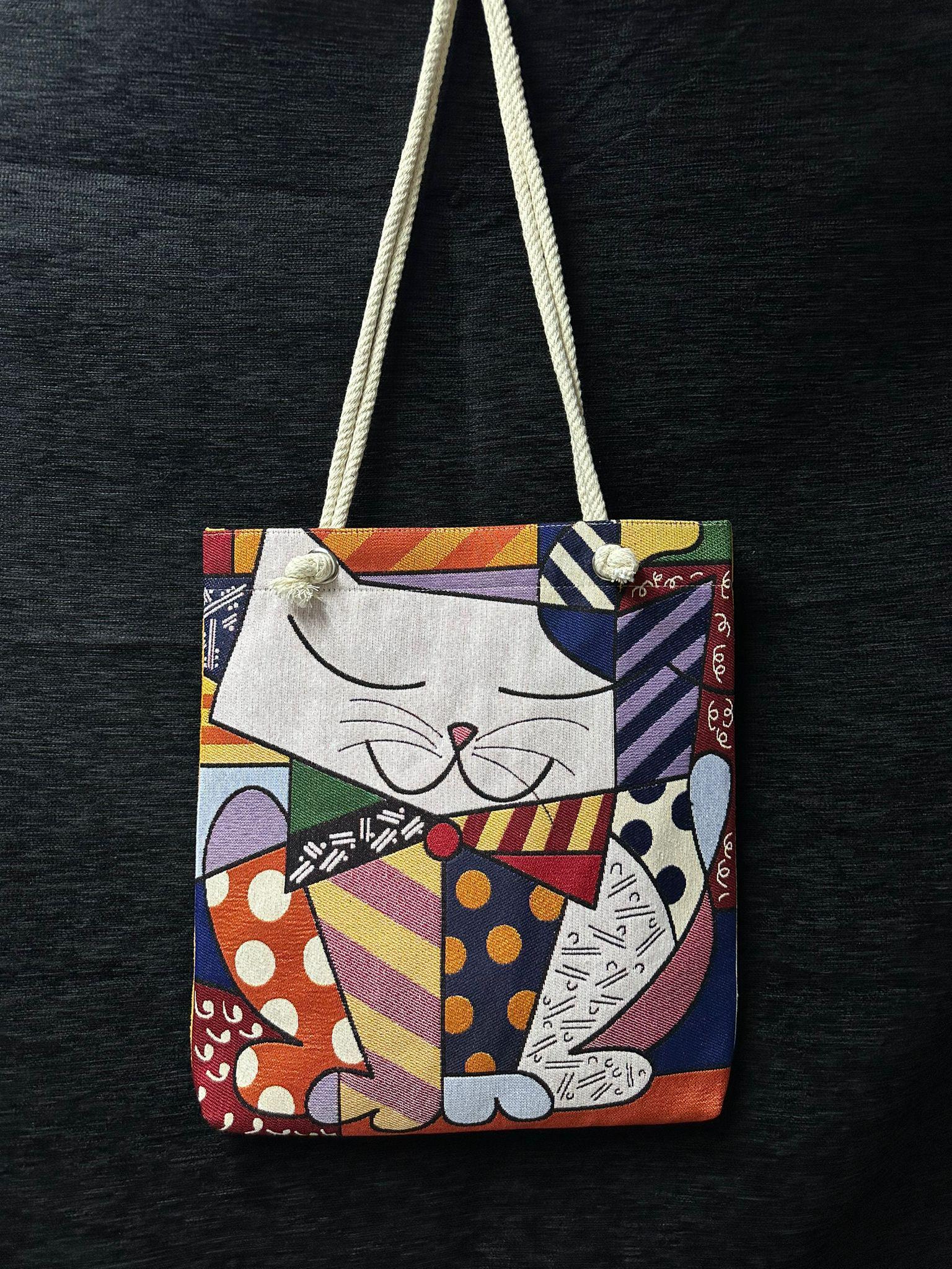 Handmade Cotton Shoulder Bag: Abstract Cat Design