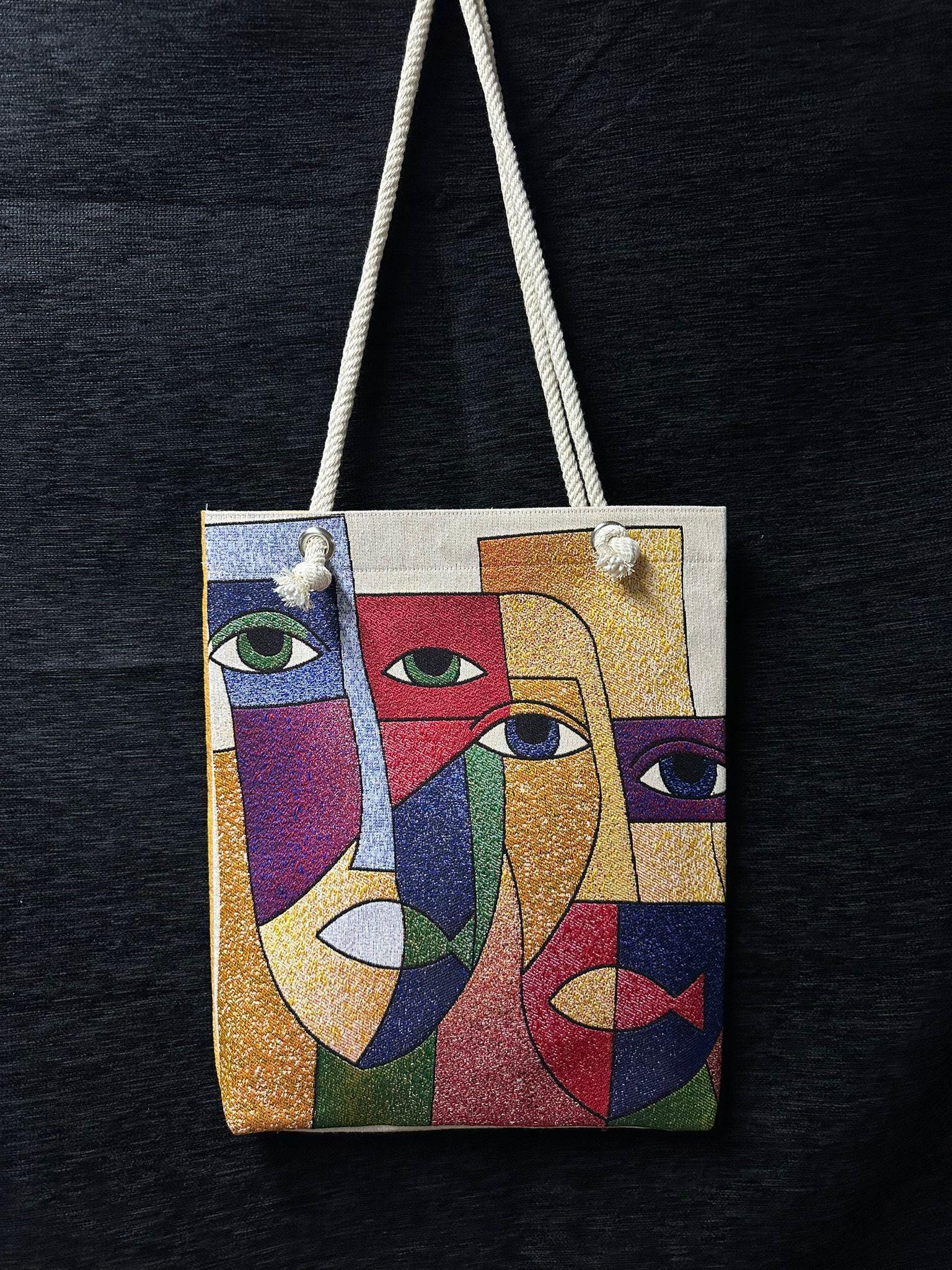 Abstract Face Shoulder Bag: Handmade Cotton Blend Tote