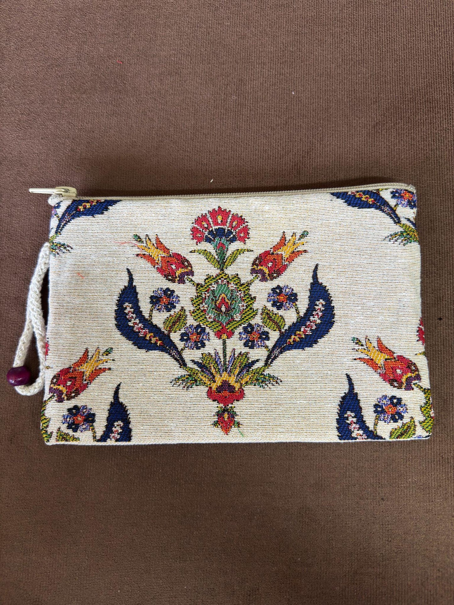 Handmade Gobelin Tapestry Pouch – Ottoman Floral Pattern Zipper Clutch – Turkish Traditional Fabric Wristlet Bag