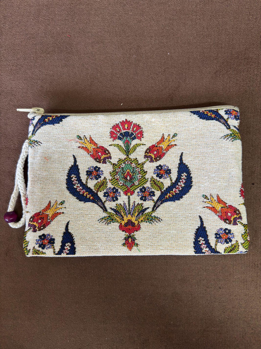 Handmade Gobelin Tapestry Pouch – Ottoman Floral Pattern Zipper Clutch – Turkish Traditional Fabric Wristlet Bag