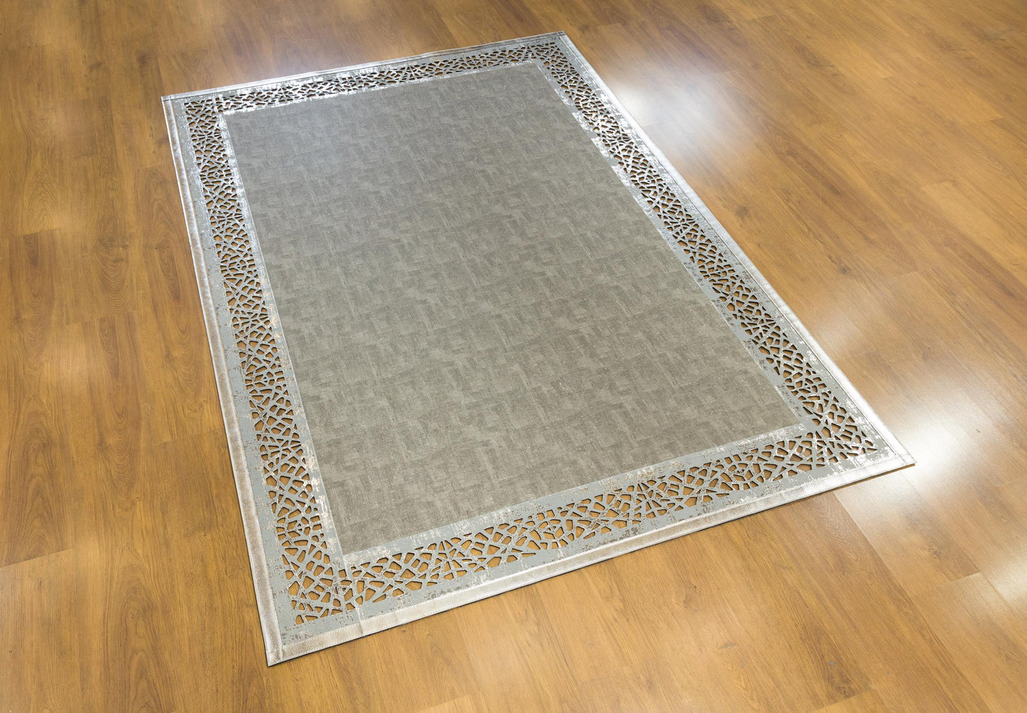 Laser Cut Faux Leather Rug: Modern Geometric Border, Turkish Floor Decor (5x7ft)