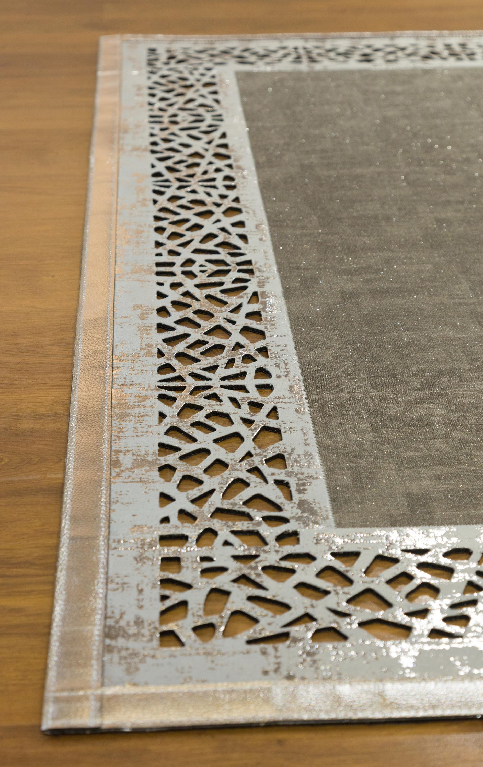 Laser Cut Faux Leather Rug: Modern Geometric Border, Turkish Floor Decor (5x7ft)