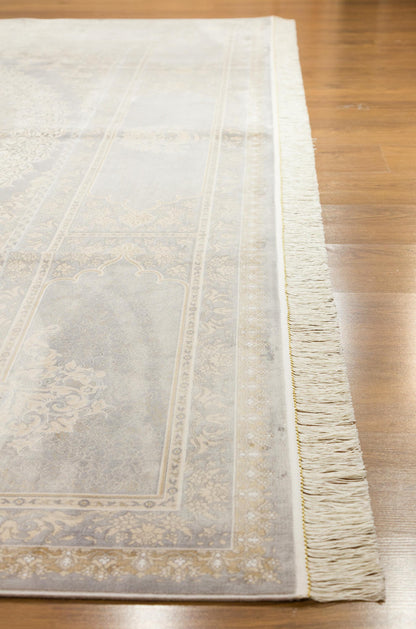 10x13 ft, Beige Silk Rug with medallion design: Classic oriental carpet with fine Fringes